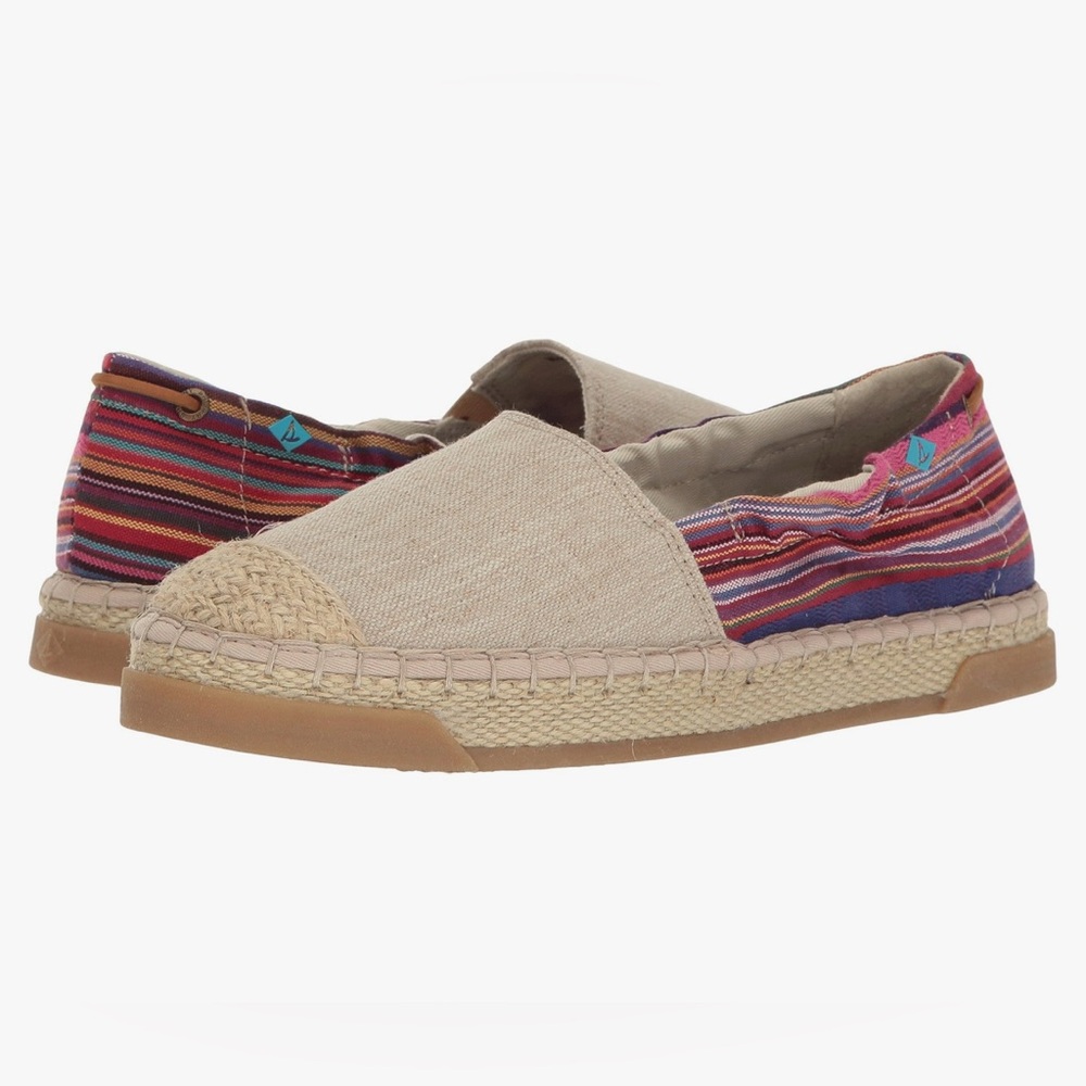 Sperry Beige Laurel Reef Canvas Espadrille Slip-On with Multicolor Stripe Heel